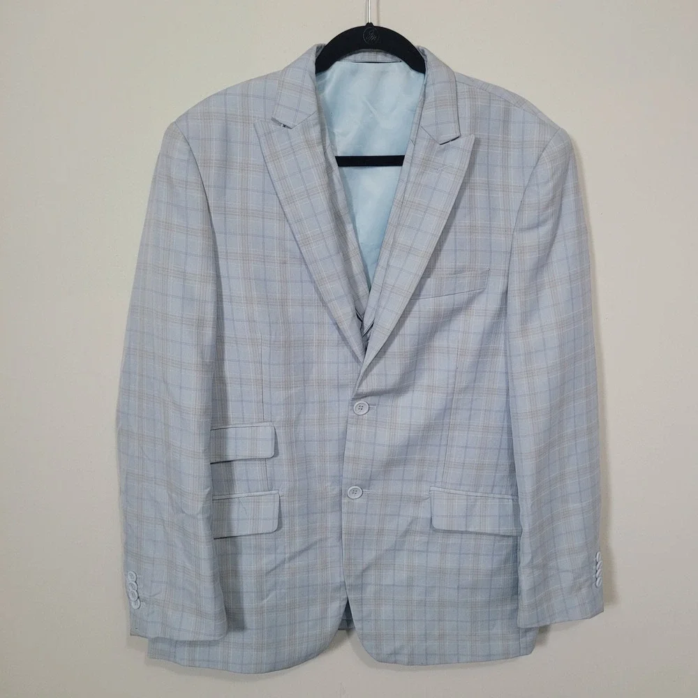 Lineage 40R W34 3 Piece Suit Mens Aqua Blue Plaid Blazer Trousers Viscose Blend